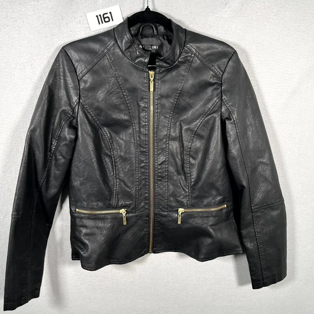Baccini Motorcycle Jacket‎ Womens Medium Black Faux Leather Lined Mock Neck
